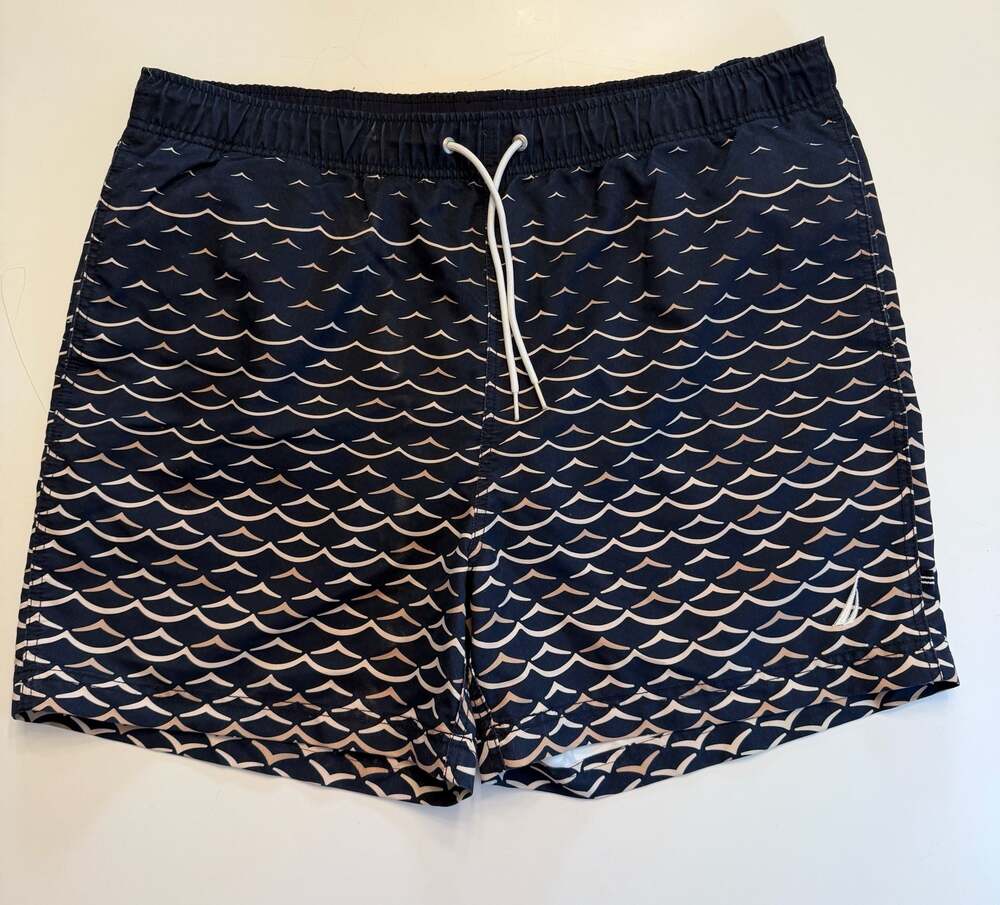 Nautica Men's Navy Blue Geometric Wave Print Swim Trunks